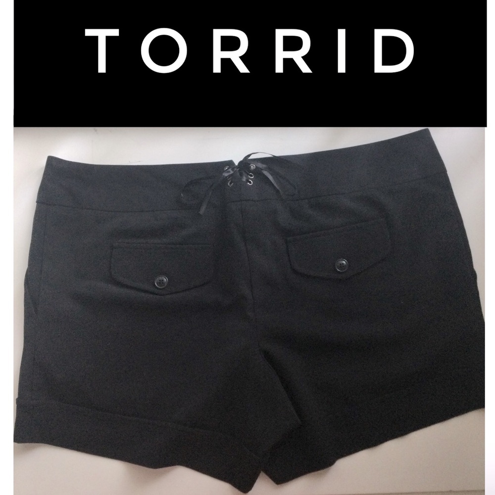 TORRID Black Mini Shorts with Corset-Tie Back Waistline, Flat Front - Plus Sz 16